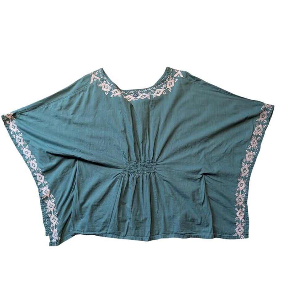 prAna Womens Small Teal Green Embroidered Smocked Kaftan Poncho Top Boho Small